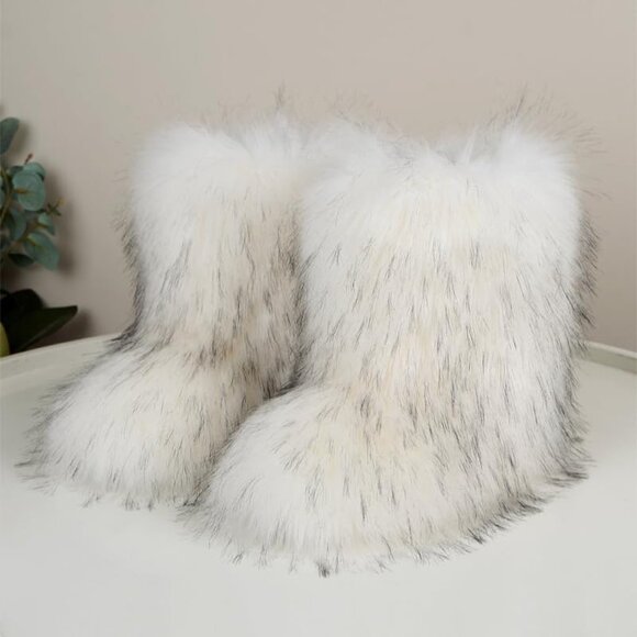 ⚡Women's White Faux Fur Warm Boot Furry Short Snow Boot Mid Calf Boots - Picture 3 of 7